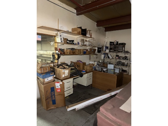 Desks, 4-Step Rolling Ladder, Cart, (2) Shelves & Contents