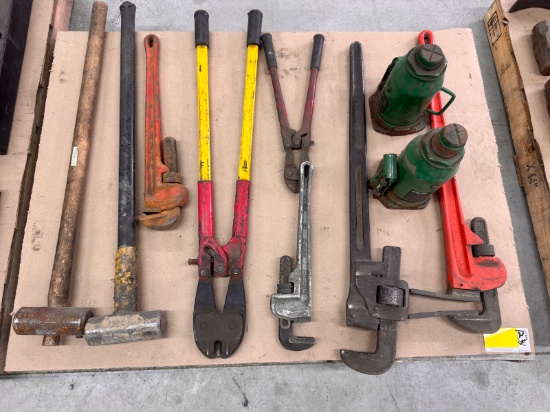 (4) Pipe Wrenches, (2) Bolt Cutters, (2) Sledge Hammers, (2) 20 Ton Bottle Jacks