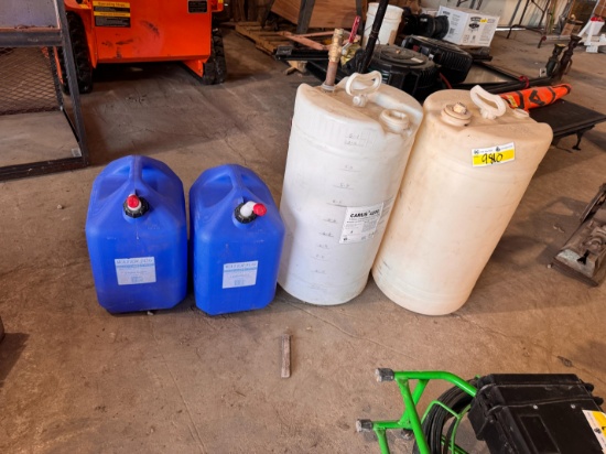 (2) 6 - Gallon Water Cans & (2) Plastic 10 Gal. Jugs