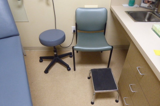 Contents of Room: Chair, Stool & Asst. Disposable Medical Supplies  (Lot)