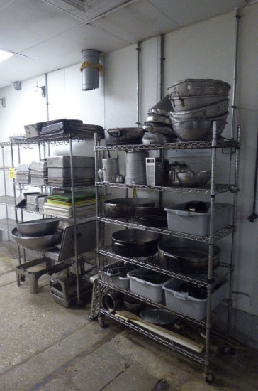 Metro Racks, Utensils, Stainless Steel Prep Pans, Cutting Boards, Colanders, Etc., Asst.