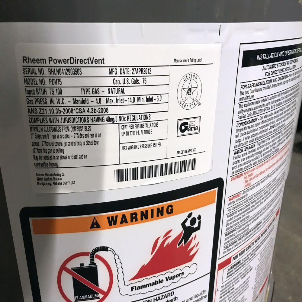 Rheem Power Direct Vent 75-Gal Commercial Gas | Proxibid