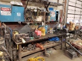 Work Tables w/Contents: Gas Cans, Straps, Vise, Etc.