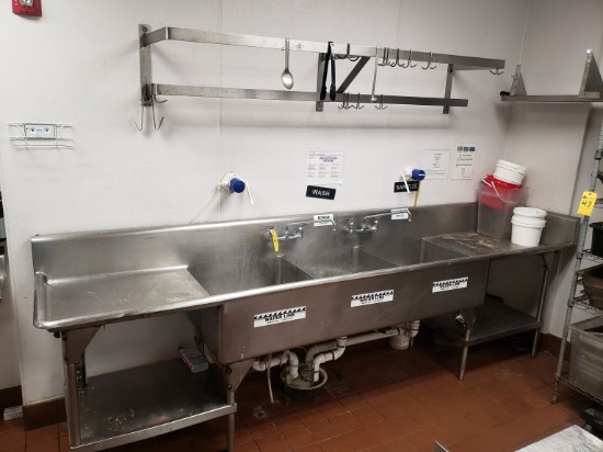 S.S. 3-Bowl Sink w/(2) Faucets & Hanging Rack