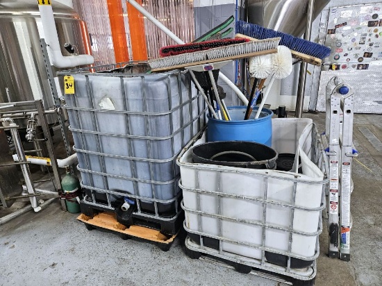 Assorted Poly Totes w/Trash Cans, Brooms, Etc. (Lot)