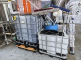 Assorted Poly Totes w/Trash Cans, Brooms, Etc. (Lot)