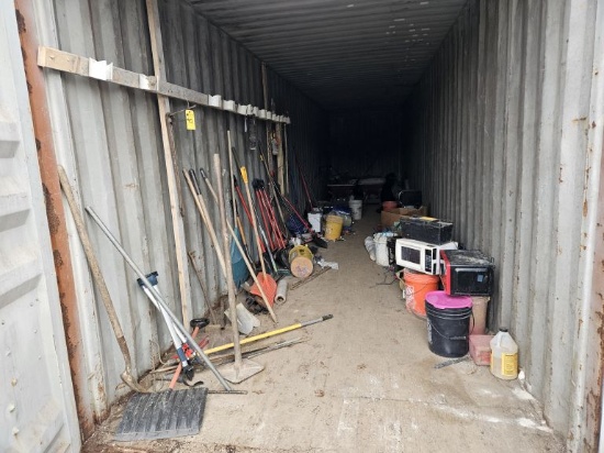 Asst. Shovels, Rakes, Brooms, Wheel Barrows, Etc. (Contents of Container) (Lot)