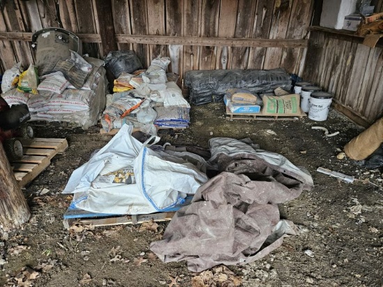Asst. Limestone, Cement, Fertilizer, Liquid Storage Tote, Etc. (Balance of Shed) (Lot)