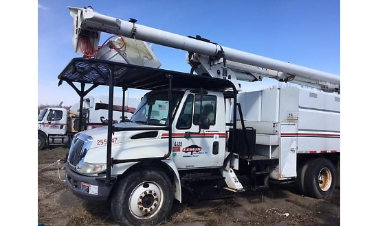 Altec LRV-56, Over-Center Bucket Truck mounted behind cab on 2005 International 4300 Chipper Dump Tr