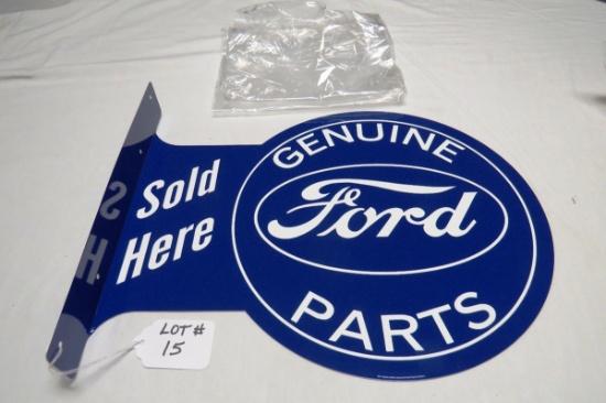 Genuine Ford Parts Sold Here Double Sided Reproduction Sign, 17 1/2" Wide x 13 1/2" Tall.