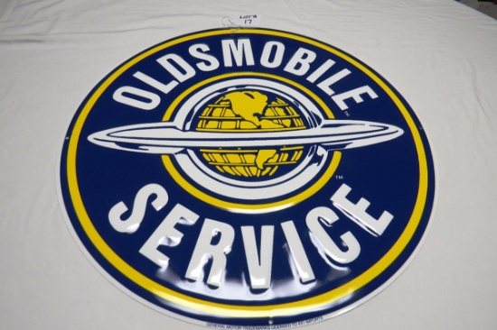 Oldsmobile Service Round Single-Sided Metal Reproduction Sign, 23 1/2" Diameter.