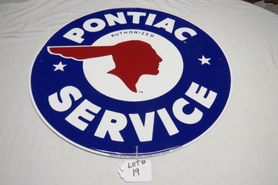 Pontiac Authorized Service Round Metal Reproduction Sign, 23 1/2" Diameter.