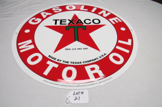 Texaco Gasoline - Motor Oil Round Single Sided Reproduction Sign, 23 1/2" Diameter.