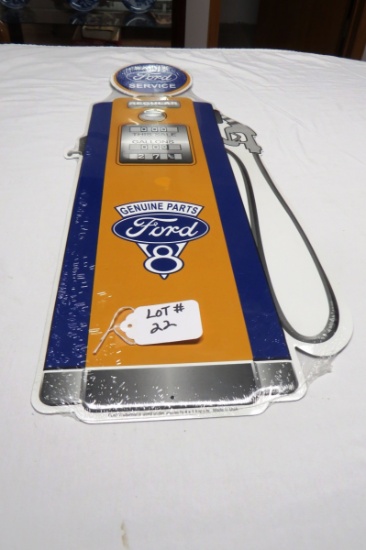 Ford Sales-Service-Genuine Parts Metal Gas Pump Reproduction Sign, 29 3/4" Tall.