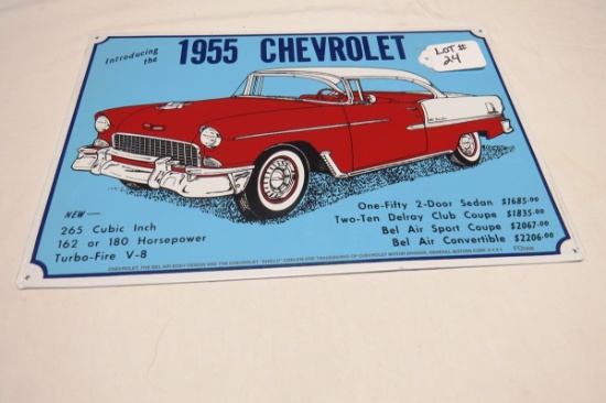 1955 Chevrolet Metal Reproduction Sign, 11 3/4" Tall x 17 3/4" Wide.