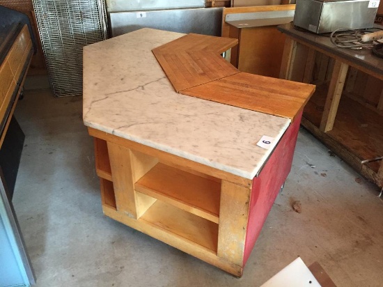 STAINLESS STEEL CORNER COUNTER W/ MARBLE & BUTCHER BLOCK TOP, 8'