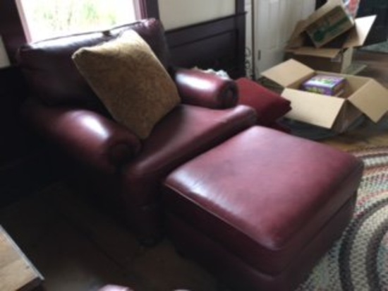 PALLISER LEATHER SIDE ARM CHAIR W/ PILLOW & MATCHING OTTOMAN