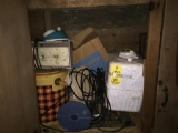CONTENTS OF STORAGE CABINET, COOLERS, LIGHT, CLOCK, MISC.