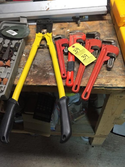 LOT OF BOLT CUTTERS & (4) PIPE WRENCHES