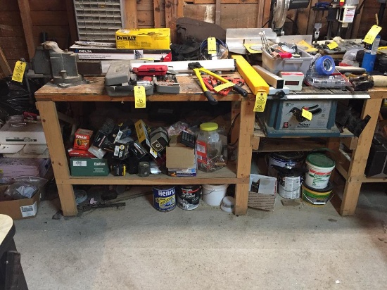 WORK BENCH WITH VISE & MISCELLANEOUS UNDER BENCH