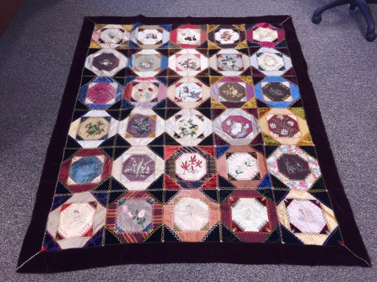 VICTORIAN ERA CRAZY QUILT, EMBROIDERED: S.E.W. 1887-91