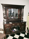 ANTIQUE CARVED SIDEBOARD, MIRRORED BACK
