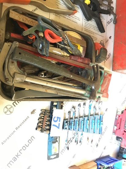 LOT OF ASSORTED HAND TOOLS: WRENCHES, TAPES, SAWS, ETC