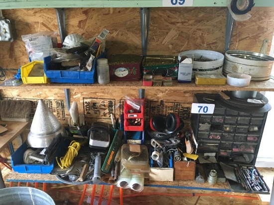 MISCELLANEOUS ON (2) SHELVES: CHINA CAP, FASTENERS, BRUSHES, ZIP TIES