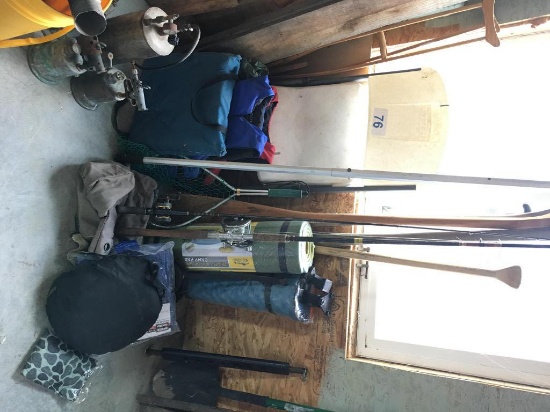 FOLDING CHAIR, FISHING POLES, OARS, LIFE VESTS, PADS, NETS