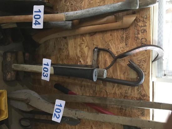 LOT OF (3) SLEDGE HAMMERS, (2) CROW BARS & BIRCH HOOK