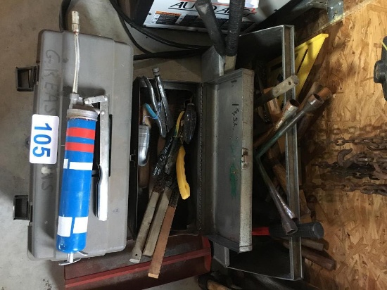GREASE GUN, GREASE, TIRE IRONS & ASSORTED HAND TOOLS