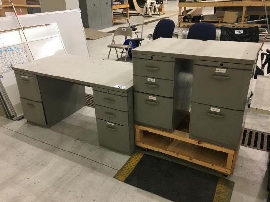 DBL PEDESTAL OFFICE DESK, 2-PEDESTAL FILES, CART & WORKSURFACE