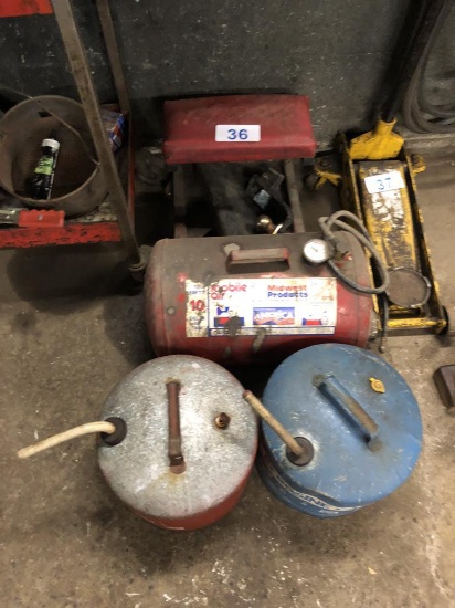 MECHANICS STOOL, 10 GALLON AIR TANK & (2) FUEL CANS