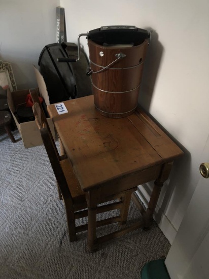 SCHOOL DESK, ICE CREAM MAKER & ASSORTED HOUSEHOLD ITEMS
