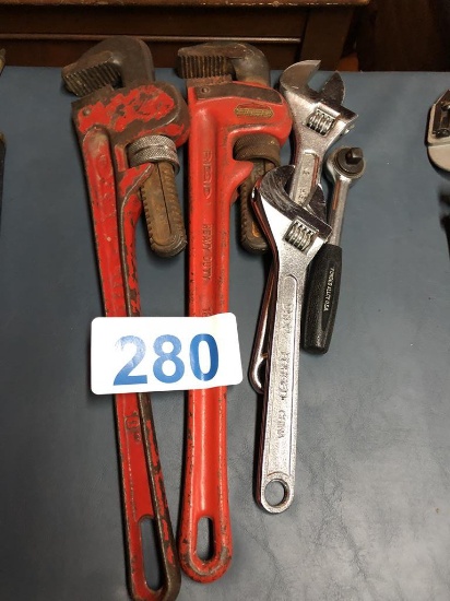 LOT OF PIPE WRENCHES, RATCHET, ADJUSTABLE WRENCHES