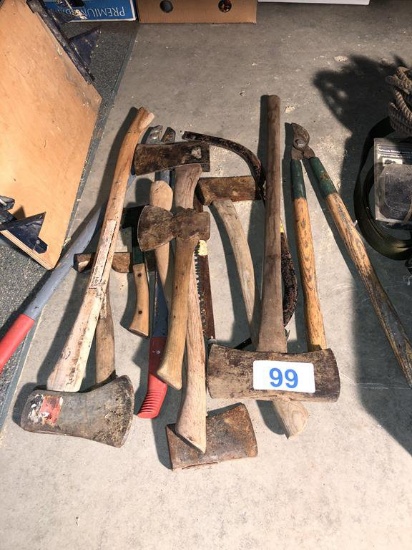 LOT OF AXES, LOPERS & BOW SAW
