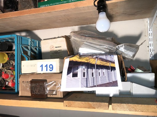 LOT OF SAND PAPER, STAPLERS, BRUSH & ROLLER CLEANER AND MISCELLANEOUS ON SHELF