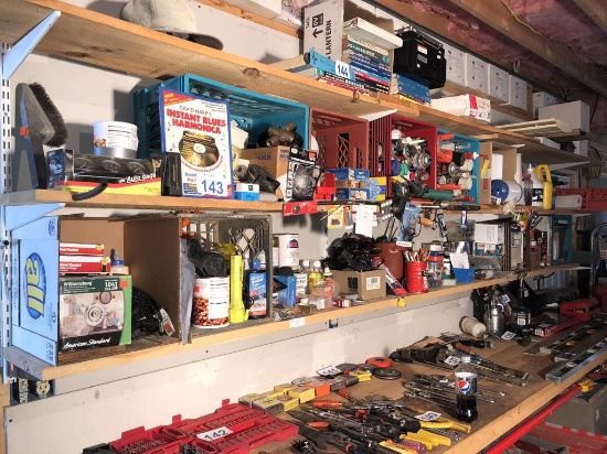 CONTENTS ON (2) SHELVES: LUBRICANTS, PAINTS, HARDWARE, BITS & MISCELLANEOUS