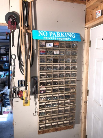 LOT OF (12) 6-BIN CABINETS WITH FASTENERS & CONTENTS ON WALL