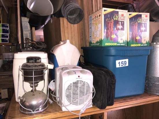 LOT OF CAMPING GEAR, HORSESHOE SETS, ELEC.HEATERS, (2) GAS LIGHTS, LANTERN