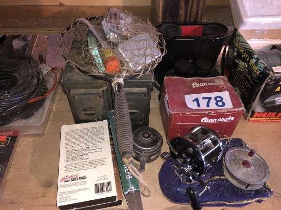 LOT OF FISHING GEAR W/PENN 309 LEVEL WIND FISHING REEL, ETC