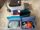 MISCELLANEOUS LOT W/BRIEFCASE, WASTECANS, LINENS, PLASTIC TOTES