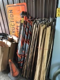 LOT: (15) ROLL-UP SIGNS, (5) BUNDLES GRADE STAKES, METAL SIGN & TRIPOD