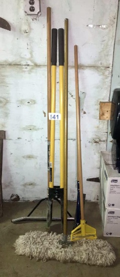 POST HOLE DIGGER, MOP HANDLE, DUST BROOM & SQUEEGEE