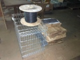 DOG CRATE, WOOD SHINGLES & REEL OF CABLE