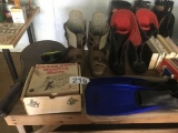 CANDLEPIN BALL SET, FLIPPERS, TENNIS RACKETS & SKI BOOTS