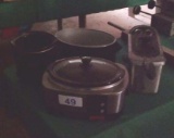 LOT OF (3) CROCK POTS (MISSING 1 INSERT) & GE COUNTERTOP FRYER