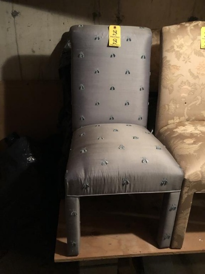 (2) UPHOLSTERED PARSONS CHAIRS - GRAY W/ INSECT PATTERN