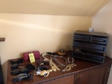 ASSORTED BELTS, PERFUME BOTTLE & WOODEN ACCESSORY BOX