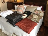 ASSORTED BED LINENS, (11) THROW PILLOWS, (8) BED PILLOWS